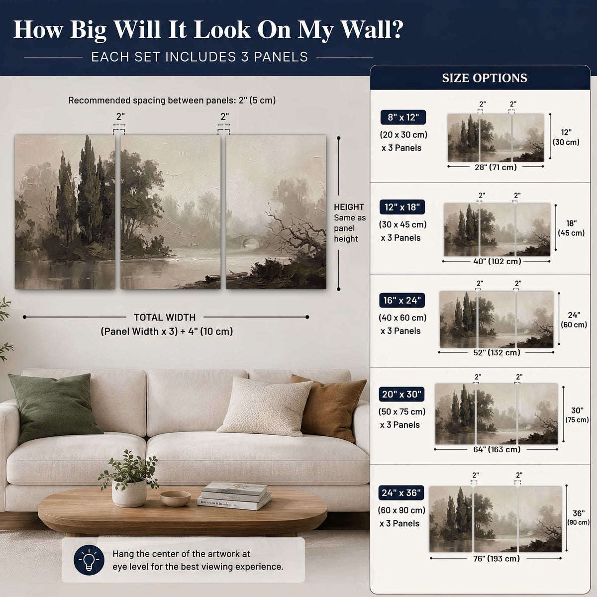 Misty river stone bridge painting set of 3 poster prints size guide above a sofa