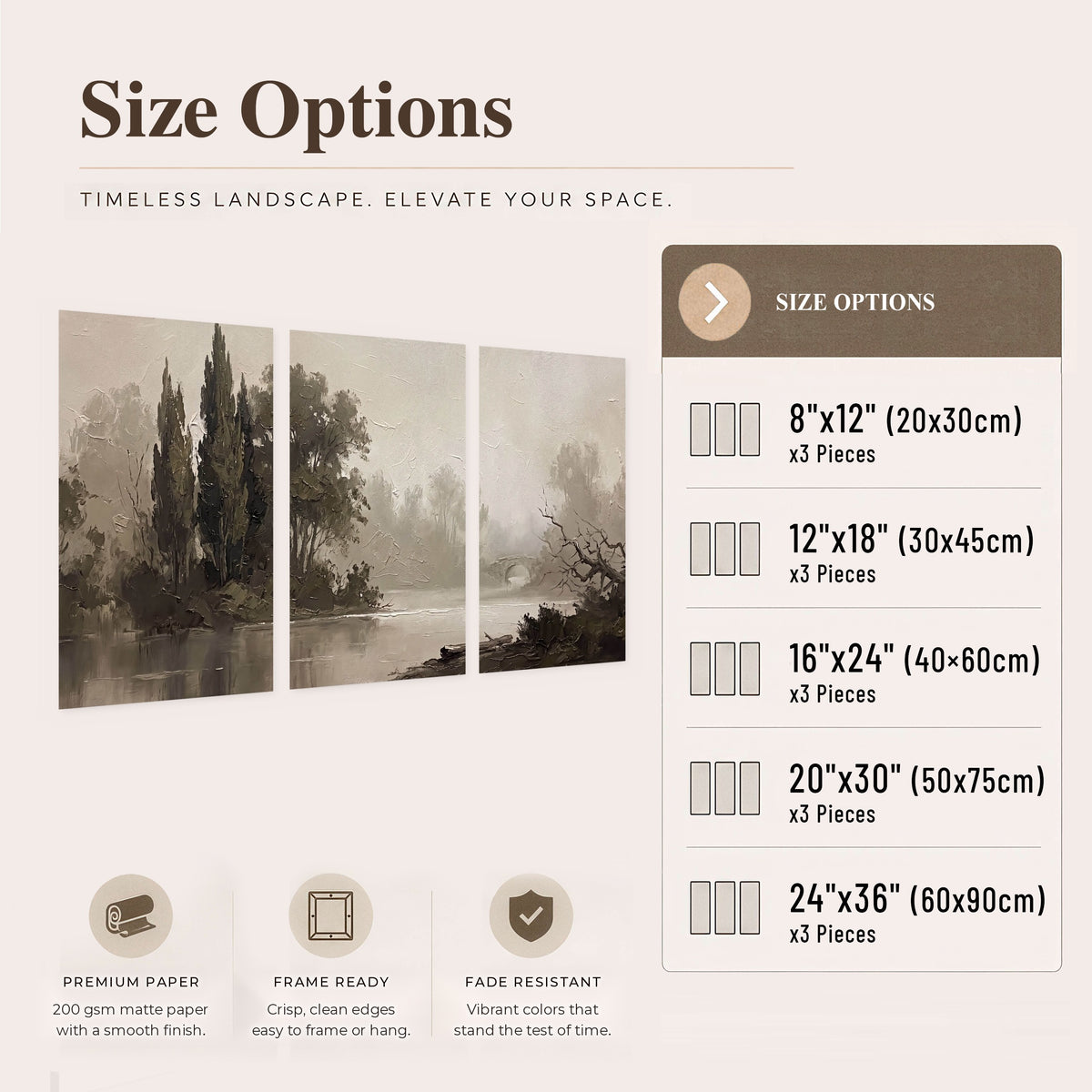 Misty river stone bridge painting set of 3 poster prints size options
