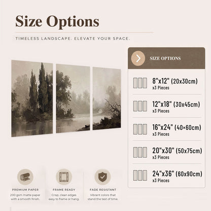 Misty river stone bridge painting set of 3 poster prints size options