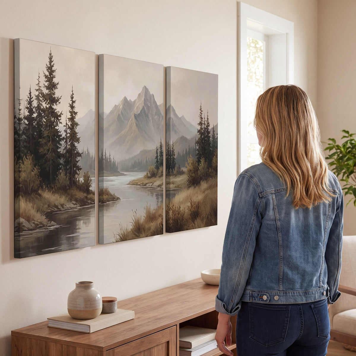 Mountain lake with pines painting 3 piece canvas wall art in a living room