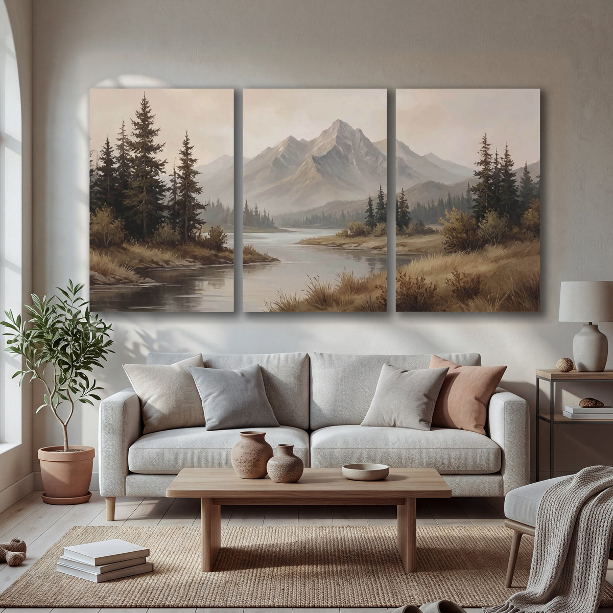 Mountain lake with pines painting 3 piece canvas wall art in a bright living room