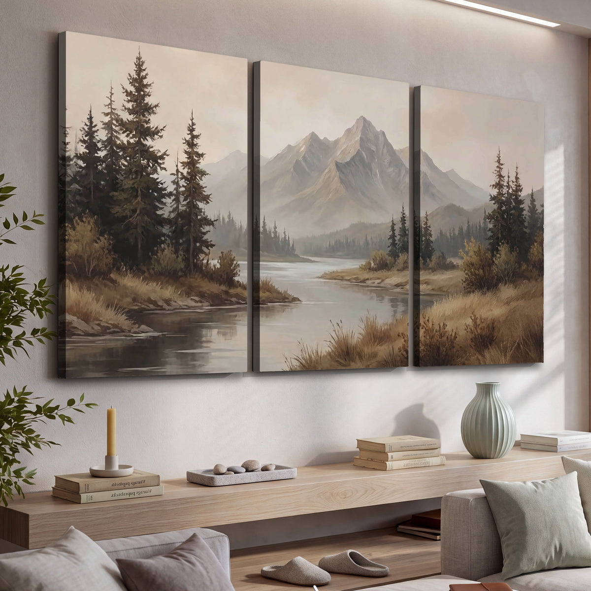 Mountain lake with pines painting 3 piece canvas wall art in a living room above a console