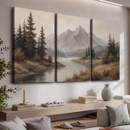 Mountain lake with pines painting 3 piece canvas wall art in a living room above a console