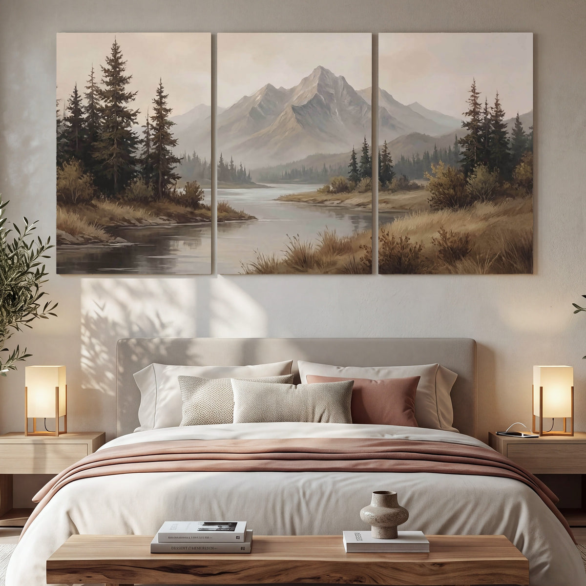 Mountain lake with pines painting 3 piece canvas wall art in a bedroom above the bed