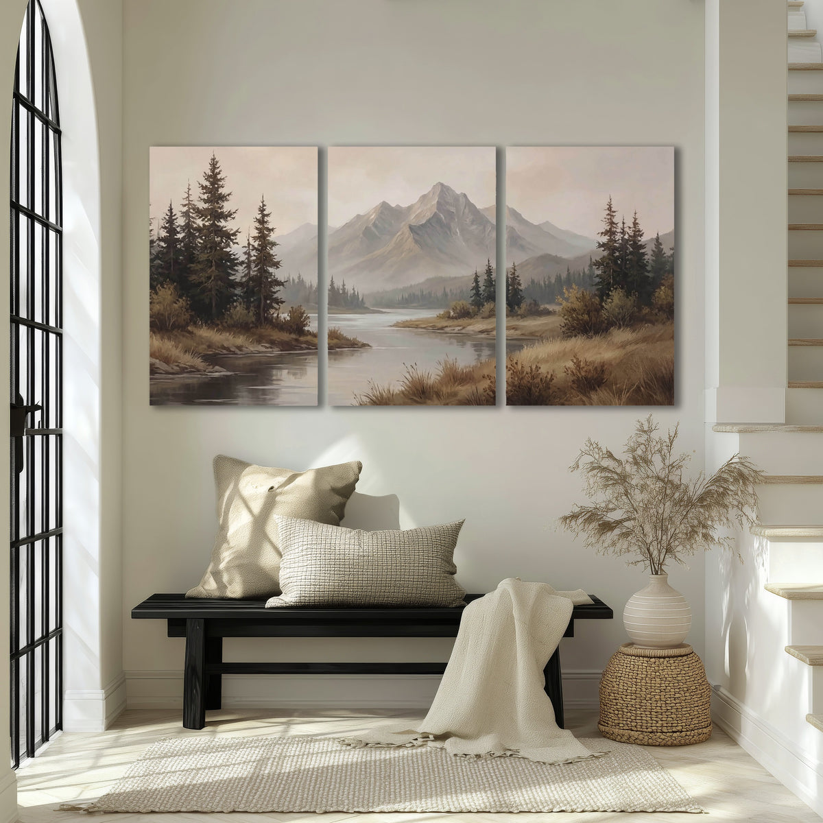 Mountain lake with pines painting 3 piece canvas wall art in an entryway above a bench