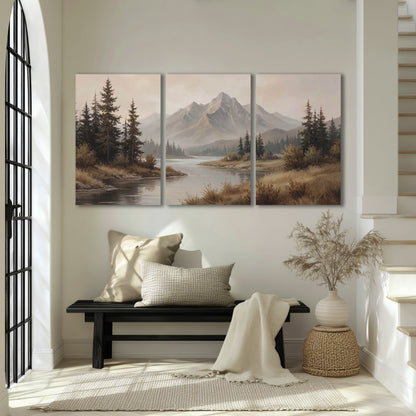 Mountain lake with pines painting 3 piece canvas wall art in an entryway above a bench