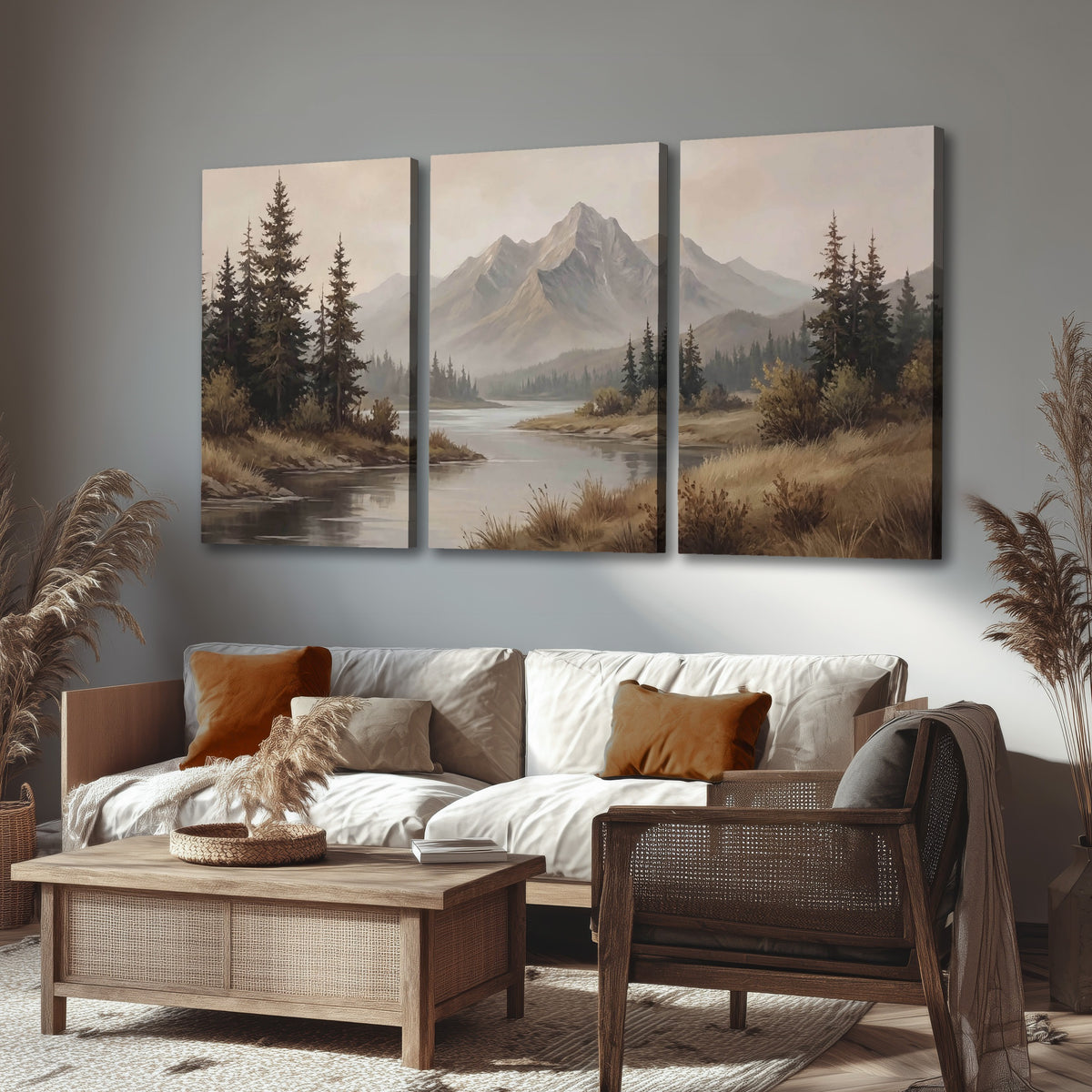 Mountain lake with pines painting 3 piece canvas wall art in a rustic living room