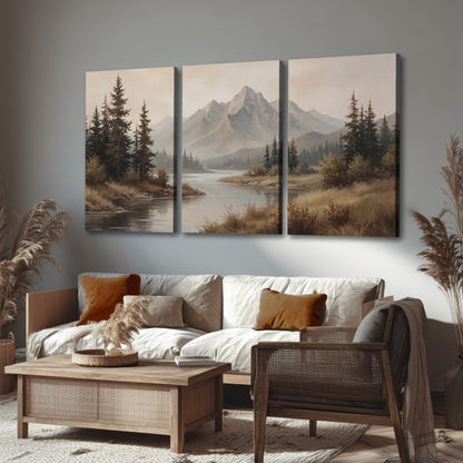 Mountain lake with pines painting 3 piece canvas wall art in a rustic living room