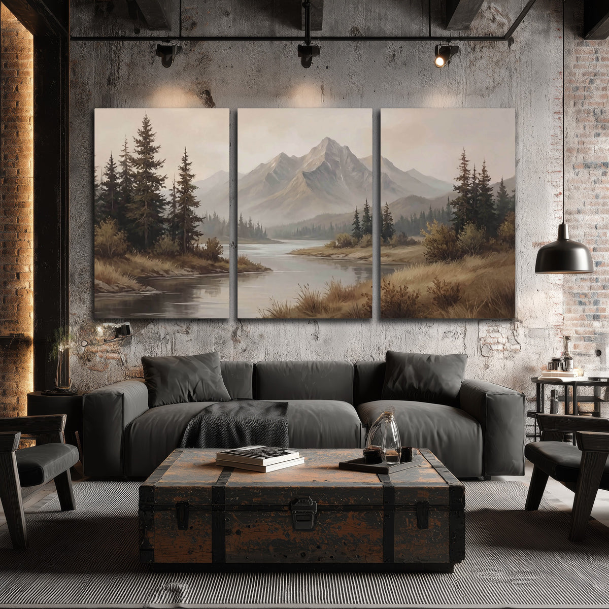 Mountain lake with pines painting 3 piece canvas wall art in an industrial loft