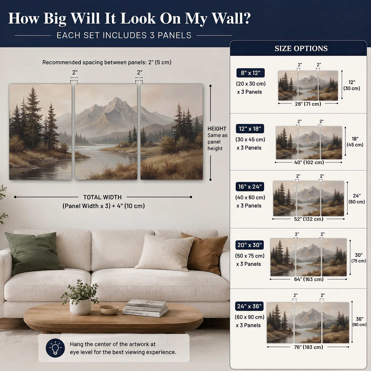 Mountain lake with pines painting 3 piece canvas wall art size guide above a sofa