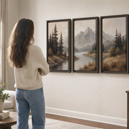 Mountain lake with pines painting 3 piece framed canvas in a living room