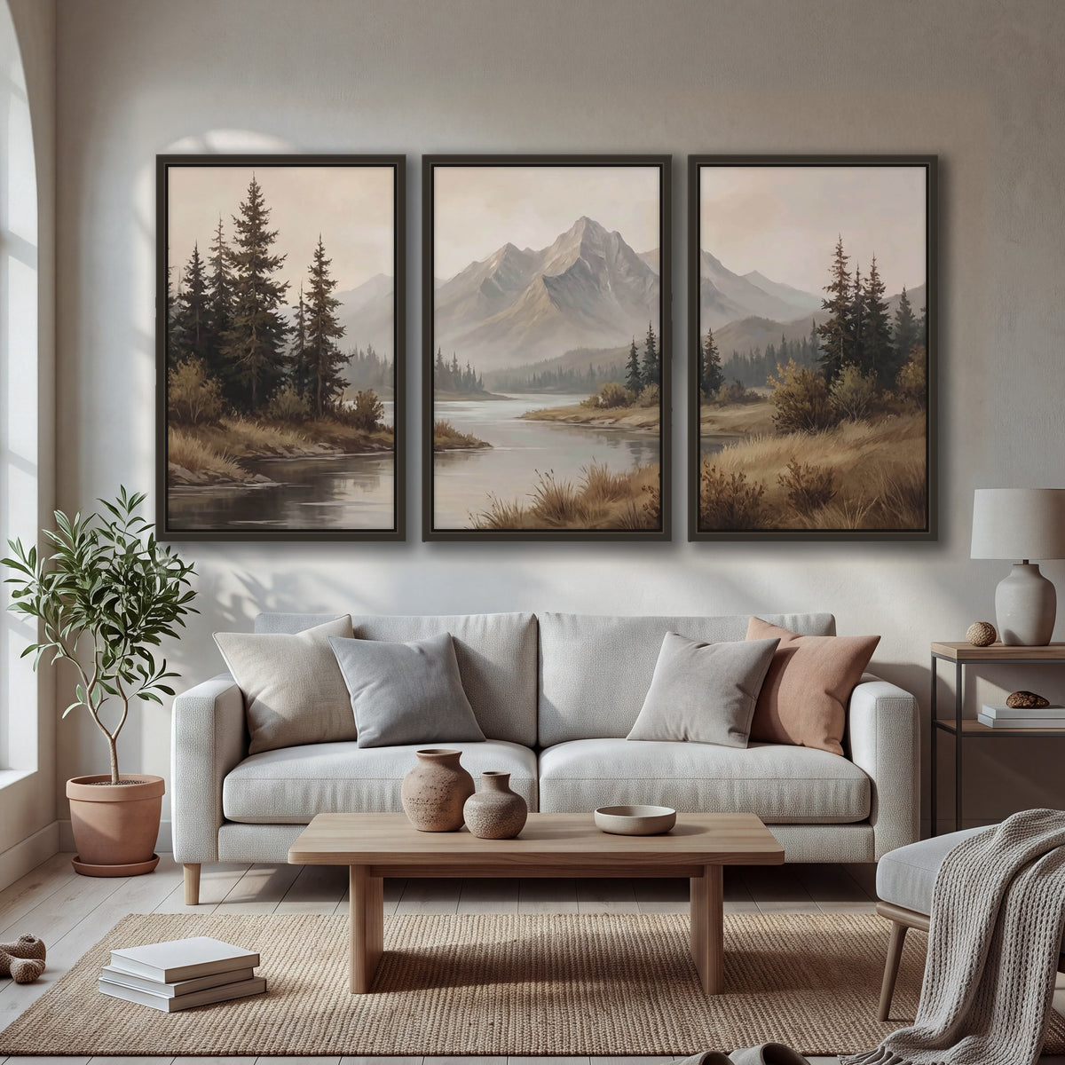 Mountain lake with pines painting 3 piece framed canvas in a bright living room