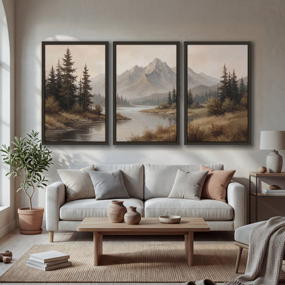 Mountain lake with pines painting 3 piece framed canvas in a bright living room