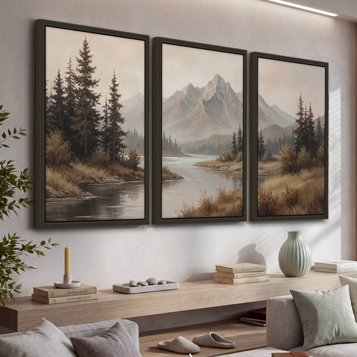 Mountain lake with pines painting 3 piece framed canvas in a living room above a console