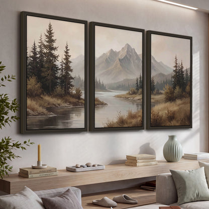 Mountain lake with pines painting 3 piece framed canvas in a living room above a console