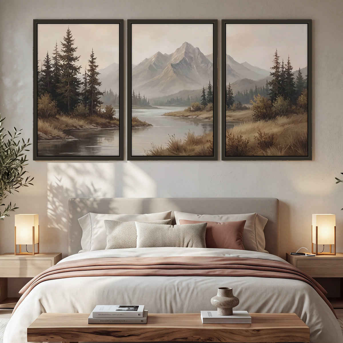 Mountain lake with pines painting 3 piece framed canvas in a bedroom above the bed