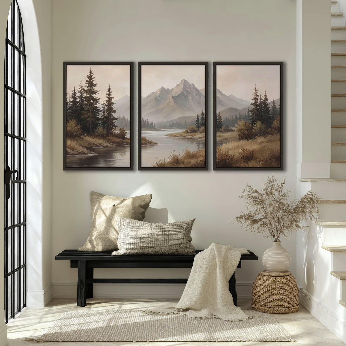 Mountain lake with pines painting 3 piece framed canvas in an entryway above a bench