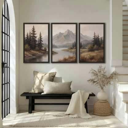 Mountain lake with pines painting 3 piece framed canvas in an entryway above a bench
