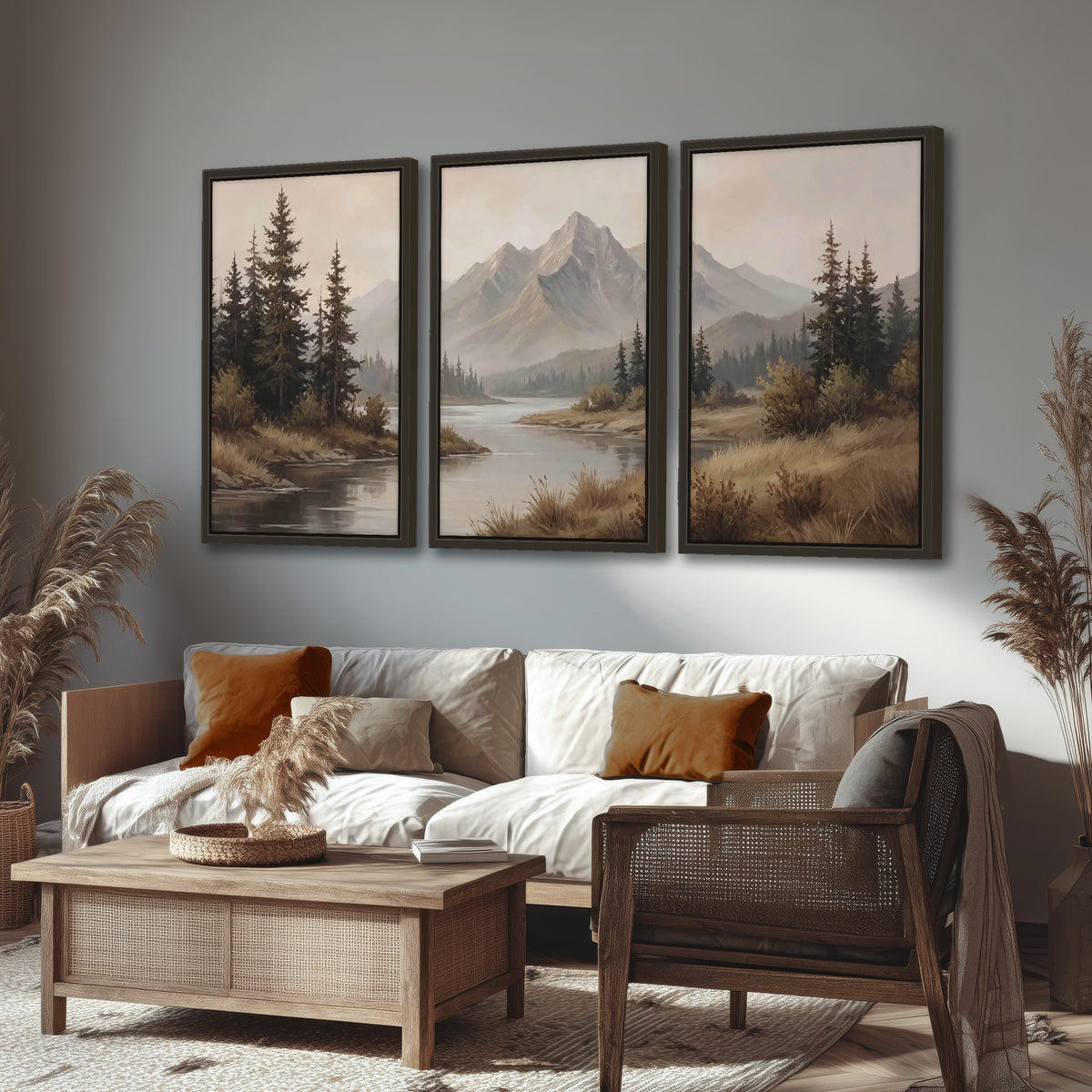 Mountain lake with pines painting 3 piece framed canvas in a rustic living room