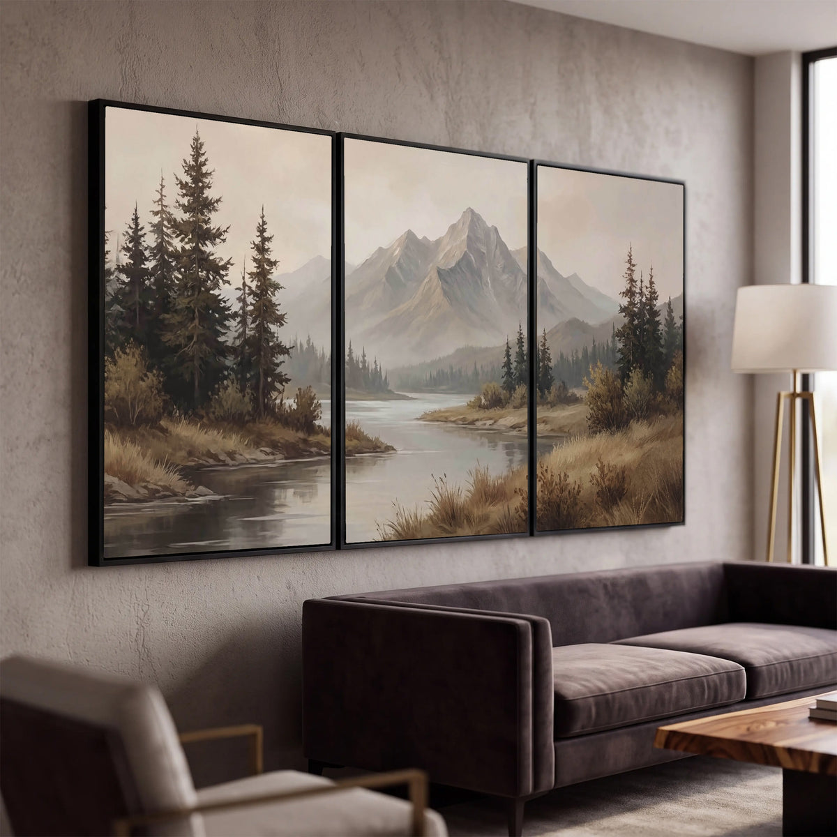 Mountain lake with pines painting 3 piece framed canvas in a modern living room