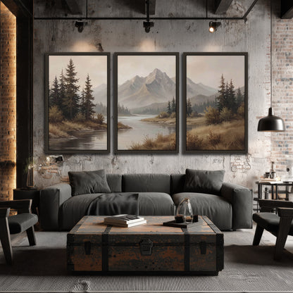 Mountain lake with pines painting 3 piece framed canvas in an industrial loft