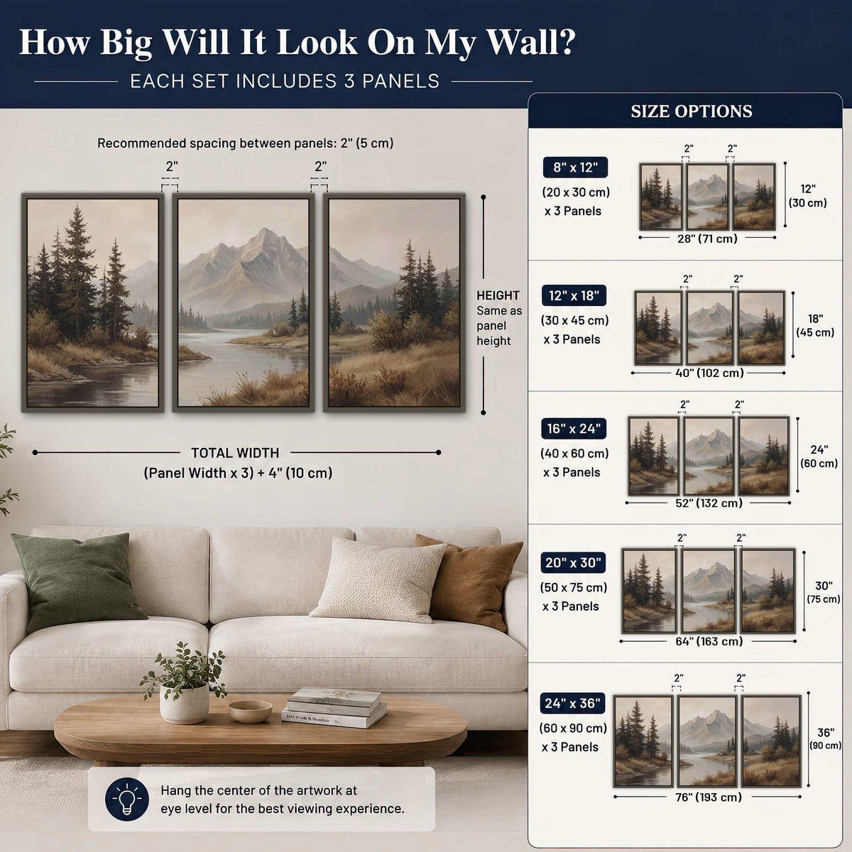 Mountain lake with pines painting 3 piece framed canvas size guide above a sofa
