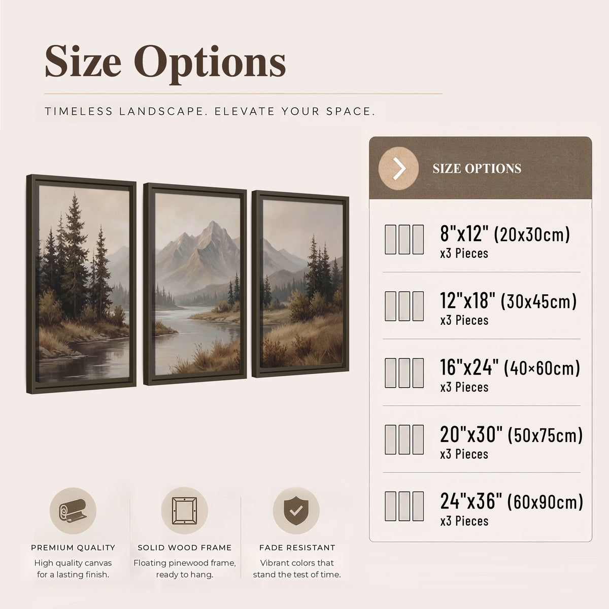Mountain lake with pines painting 3 piece framed canvas size options