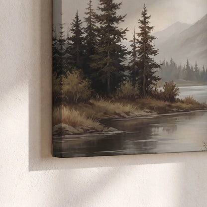 Mountain lake with pines painting canvas print close-up showing the gallery-wrapped edge