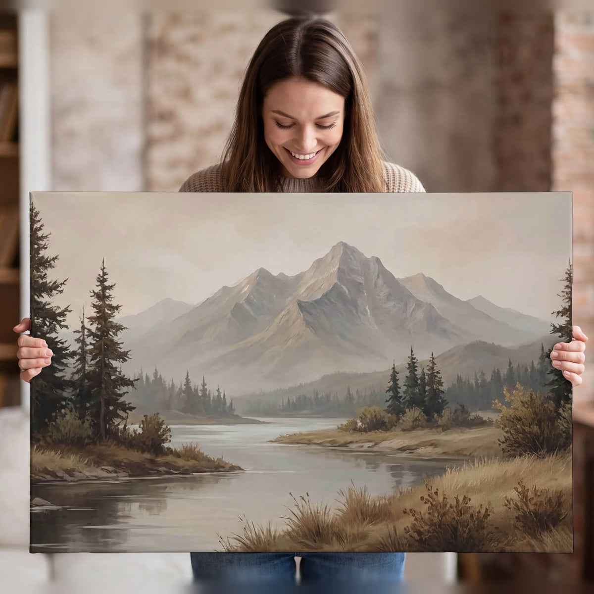 Mountain lake with pines painting canvas wall art held in hands