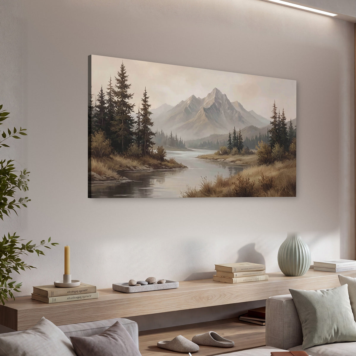Mountain lake with pines painting canvas wall art in a living room above a console