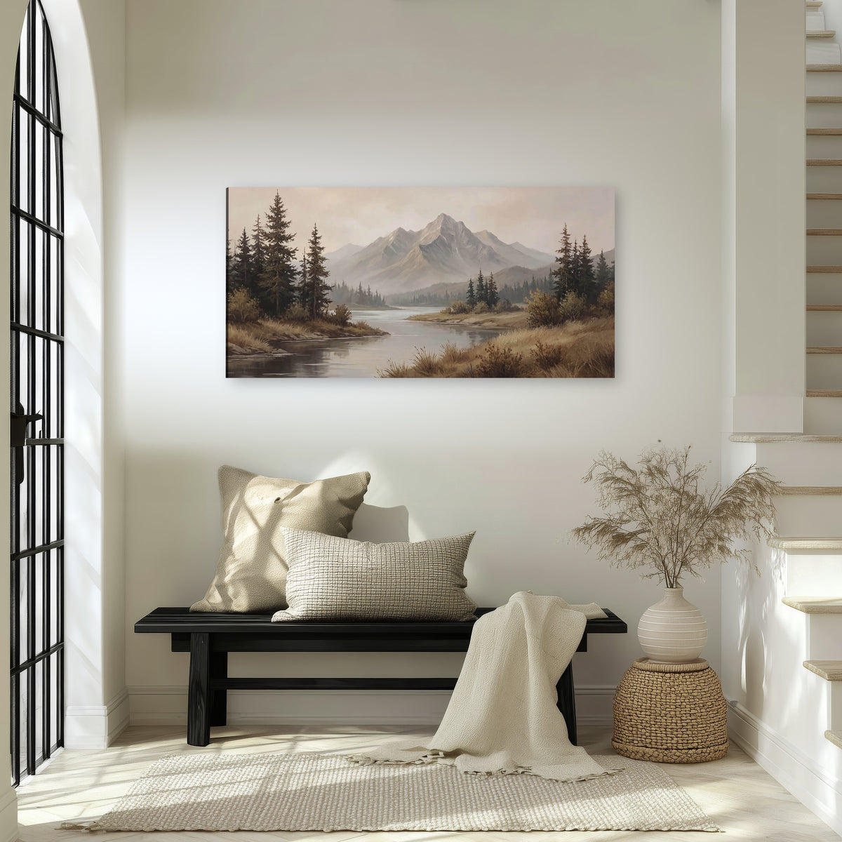 Mountain lake with pines painting canvas wall art in an entryway above a bench