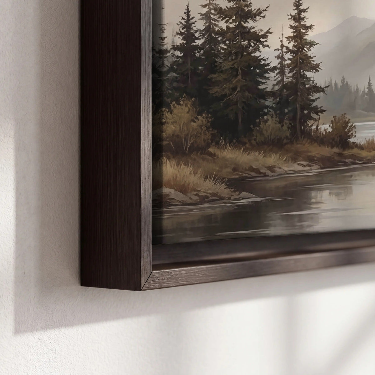 Mountain lake with pines painting framed canvas close-up showing the floating frame