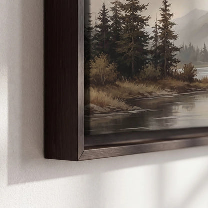 Mountain lake with pines painting framed canvas close-up showing the floating frame