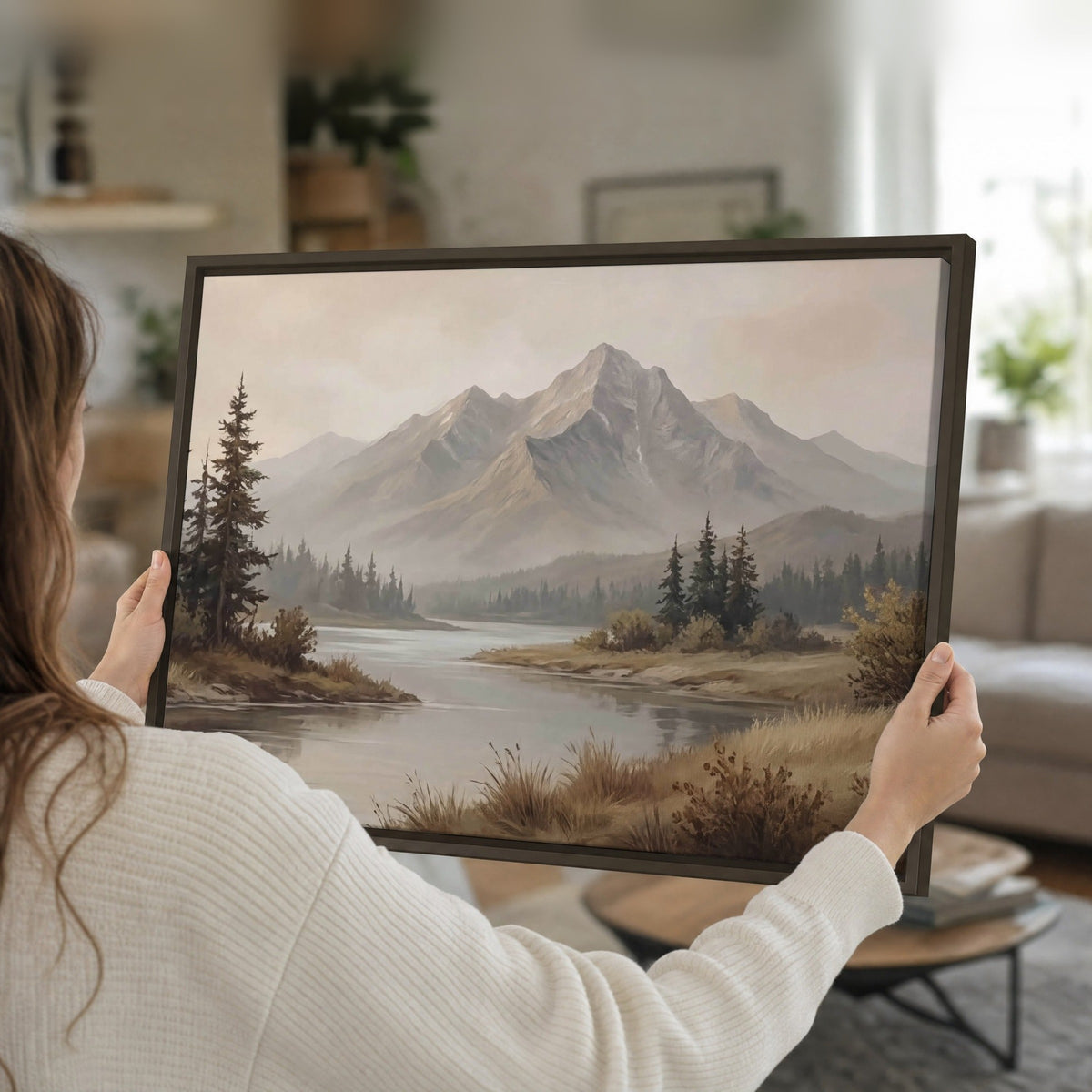 Mountain lake with pines painting framed canvas held in hands