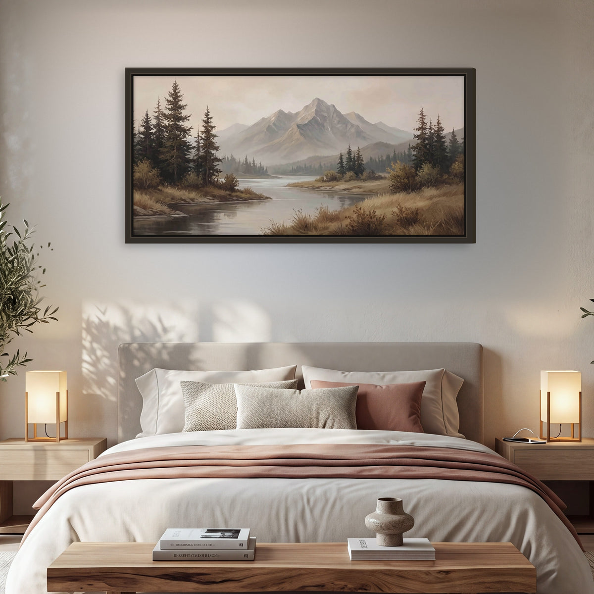 Mountain lake with pines painting framed canvas wall art in a bedroom above the bed