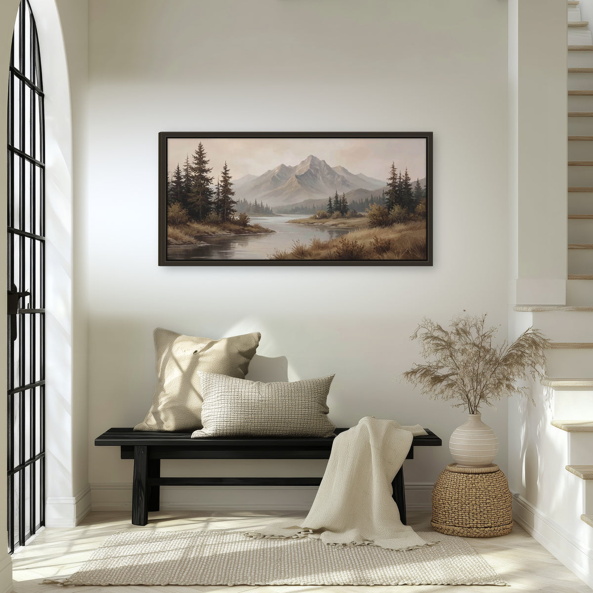 Mountain lake with pines painting framed canvas wall art in an entryway above a bench