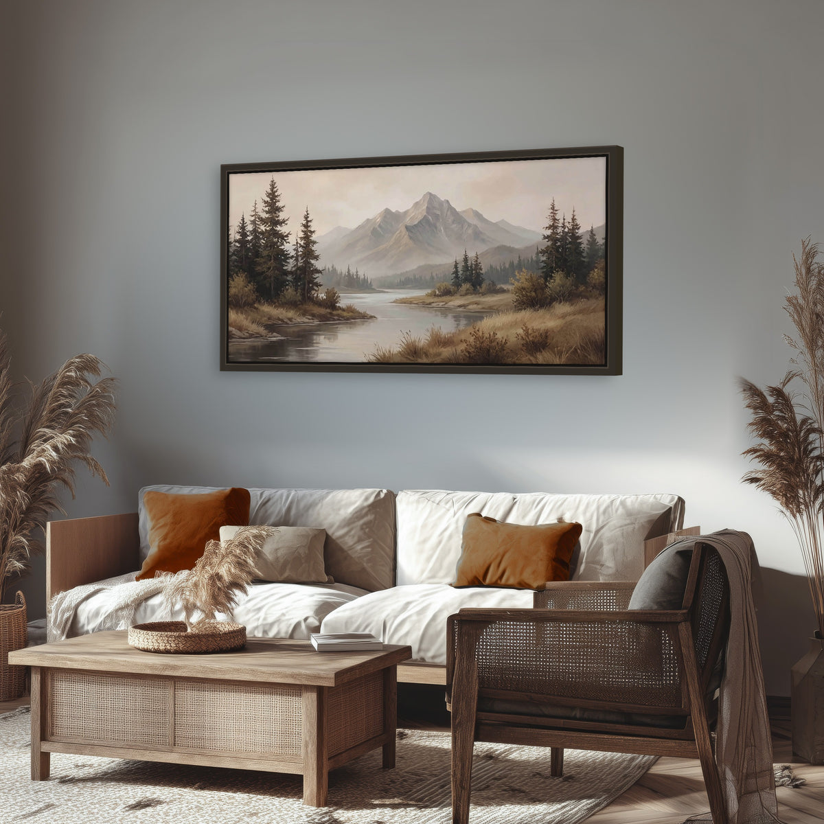 Mountain lake with pines painting framed canvas wall art in a rustic living room