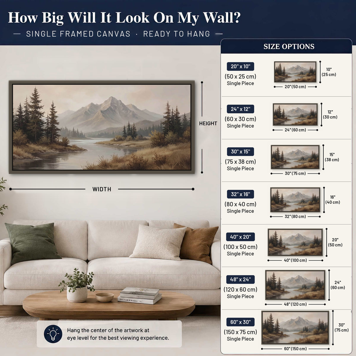 Mountain lake with pines painting framed canvas wall art size guide above a sofa