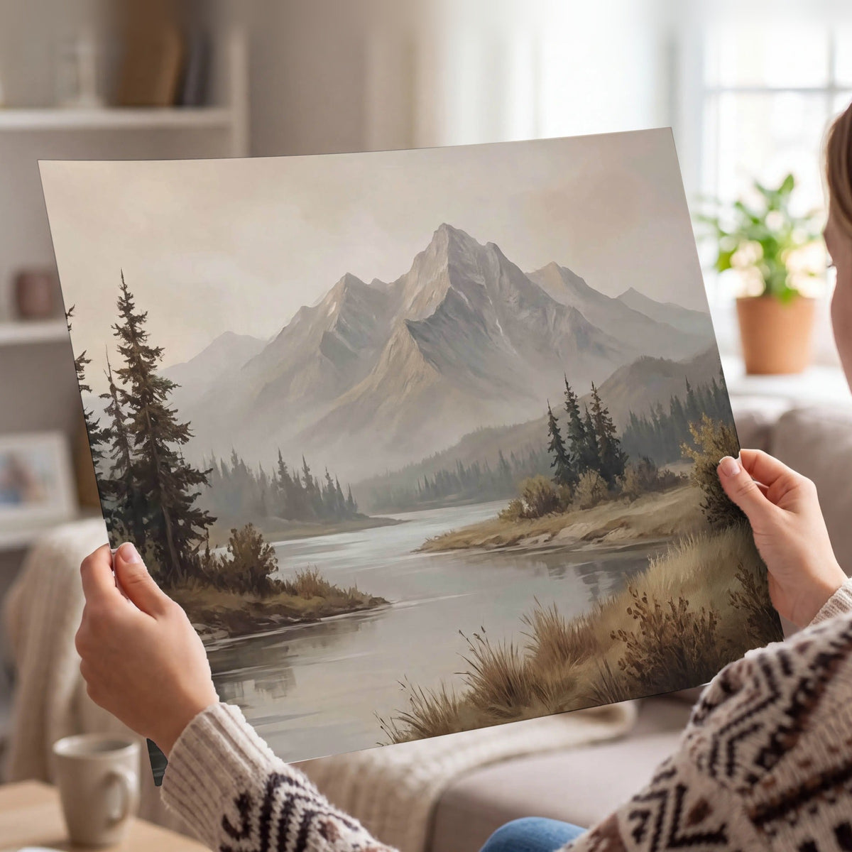 Mountain lake with pines painting poster print held in hands
