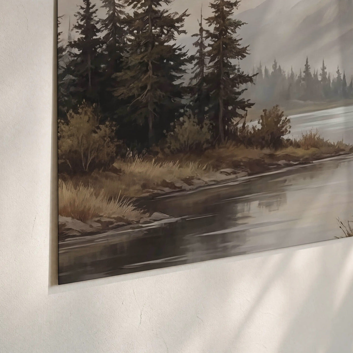 Mountain lake with pines painting poster print close-up on matte paper