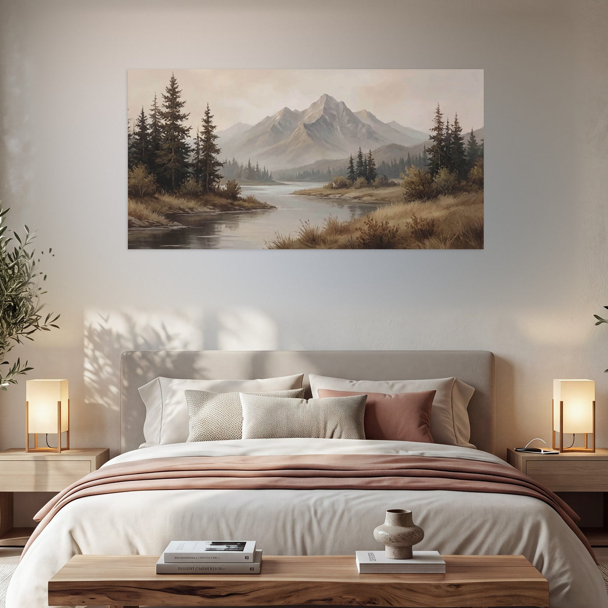 Mountain lake with pines painting poster print in a bedroom above the bed