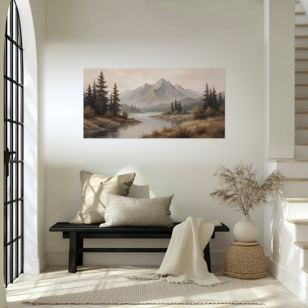 Mountain lake with pines painting poster print in an entryway above a bench