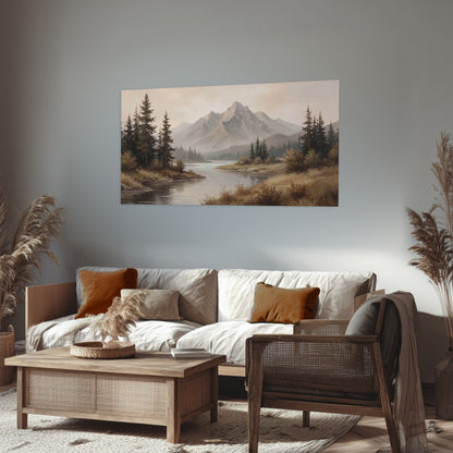 Mountain lake with pines painting poster print in a rustic living room