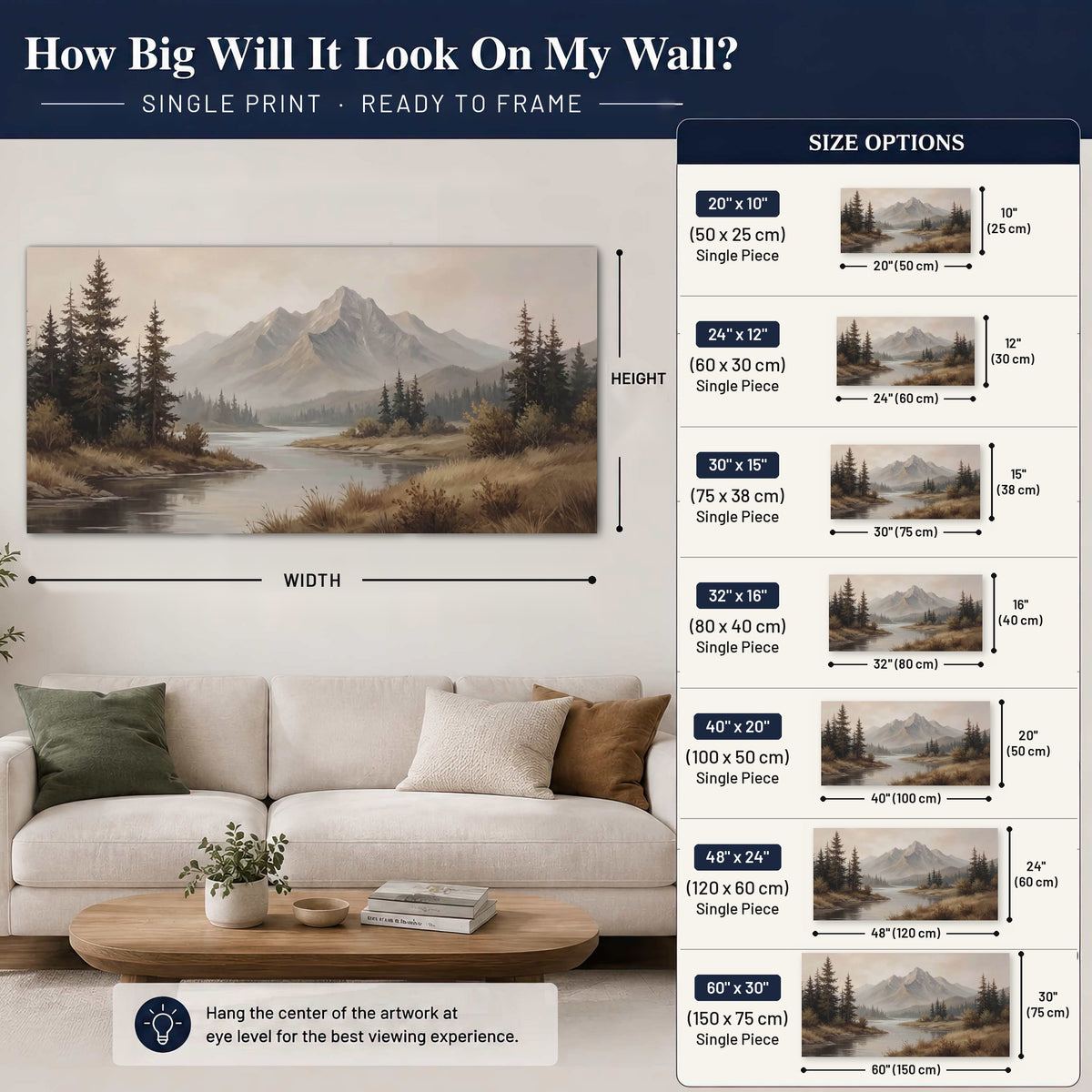Mountain lake with pines painting poster print size guide above a sofa