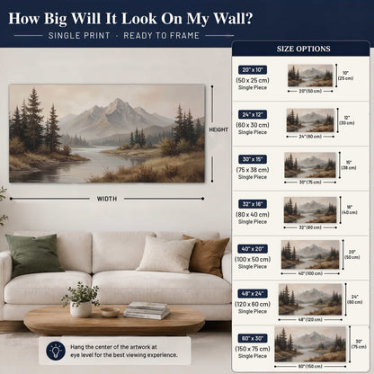 Mountain lake with pines painting poster print size guide above a sofa