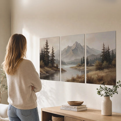 Mountain lake with pines painting set of 3 poster prints in a living room