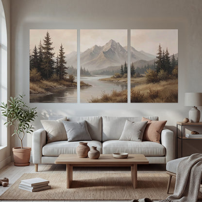 Mountain lake with pines painting set of 3 poster prints in a bright living room