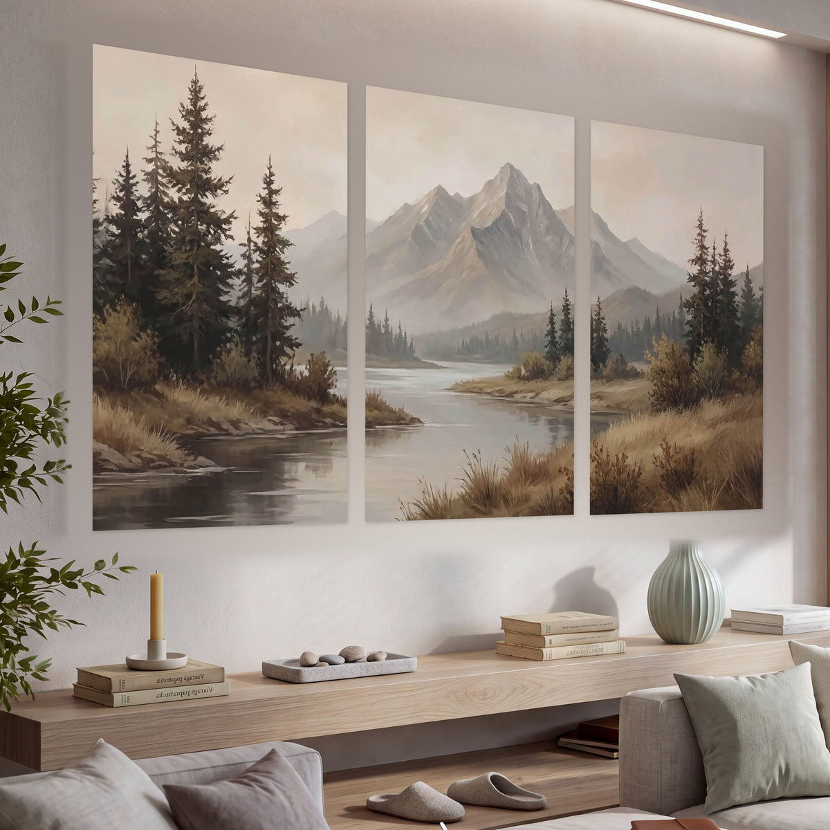 Mountain lake with pines painting set of 3 poster prints in a living room above a console