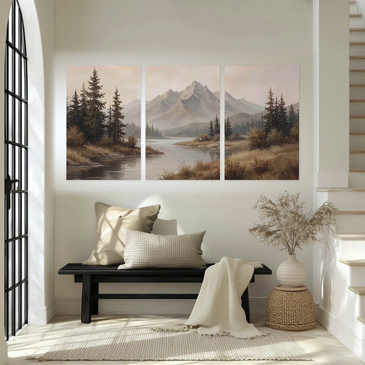 Mountain lake with pines painting set of 3 poster prints in an entryway above a bench