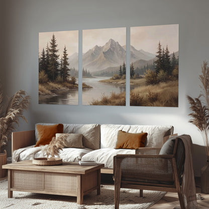 Mountain lake with pines painting set of 3 poster prints in a rustic living room